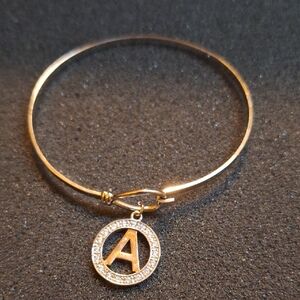 Gold Initial A Bangle Bracelet with Pavé Charm